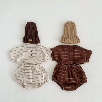 Бебешки костюм Дрехи за момчета Летен раиран пуловер Тениска с къс ръкав и шорти Дрехи за момичета Две части Новородени дрехи за бебета