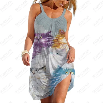Бохемска лятна рокля Плажно празнично парти 3D дамска слънчева рокля улица сладък котка печат Дамски хлабав каишка секси кръг врата рокля