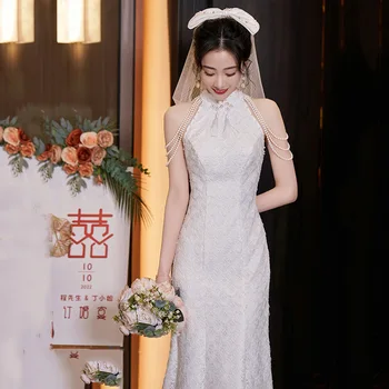 Бяла булчинска сватбена рокля нов китайски стил Qipao дама дантела Cheongsam елегантен русалка вестидос плюс размер 3Xl 4Xl роба де соаре
