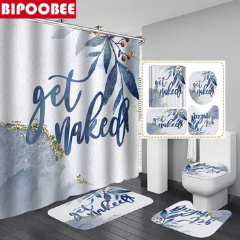 Вземи голи мраморни завеси за душ Растителни листа Завеса за баня с куки Капак на тоалетната Капак Неплъзгащ се килим Комплект постелки за баня