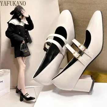Вино червено Корейски единични обувки женски 2023 нови дебели токчета високи токчета обувки френски малки кожени обувки Мери Джейн единични обувки