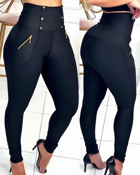 Висока талия цип джоб дизайн закопчана панталони жени плътен цвят мода случайни глезена дължина молив панталони секси тънък