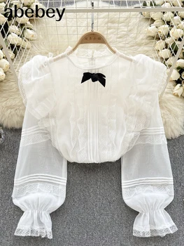 Високо качество сладък хлабав блуза мода разрошени дълъг ръкав дантела върховете френски цип пролетта лък дизайн жени риза