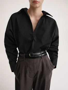 Дамски блузи памук v-образно деколте завой надолу яка прост Commuter плътен цвят Batwing ръкав риза