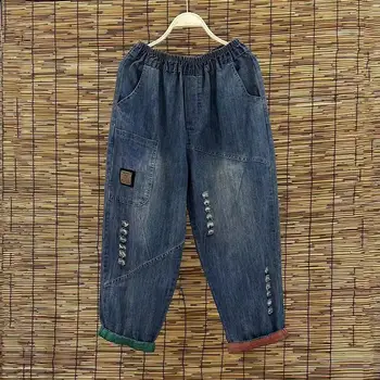 Дамски дънки с висока талия панталони ежедневни панталони корейски лято прав контрастен цвят Harlan етикет разкъсан изрязан Z22