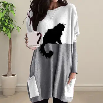 Дамски полиестер ликра тениска стилен черна котка печат жените върховете меки разтеглив пуловер случайни хлабав цвят блок тениска