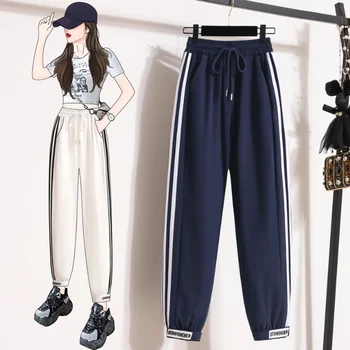 Дамски странични ивици Sweatpants, корейска версия, висока талия, сто с джогинг, ежедневни панталони Haren, летен клин, нов, 2024