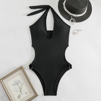 Дамски черен бански костюм едно парче вратовръзка лък оглавник изрязани бикини бански костюми висока талия бански костюми плаж тоалети бикуини