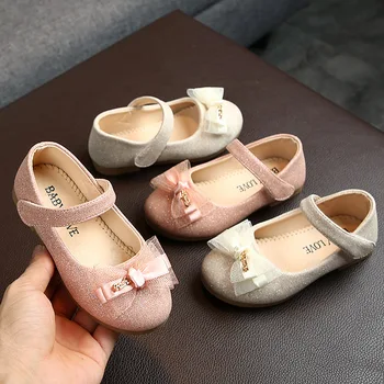 Детски блестящи обувки момичета кожени обувки дантела лък-възел сладки меки обувки принцеса рокля обувки за сватба модел шоу танци