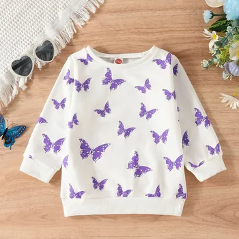 Детски дрехи Есен Пролет Момчета Момичета Суитшърти Дълъг ръкав пеперуда щампи О-образно деколте Бебешки спортни ризи Пуловер върхове