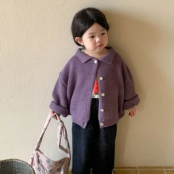 Детско палто 2023 Есен и зима Нов корейски стил детски пуловер жилетка момичета трикотажни плътен цвят вълнено палто
