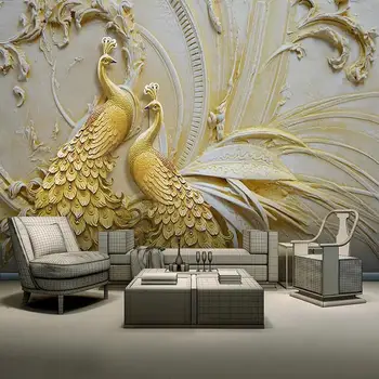 европейски стил 3D релеф злато паун стенопис тапет хол телевизия хотел фон Начало декор фреско тапети за стени 3D