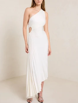 Елегантна парти рокля за жени 2023 Ruched плисирана рокля с едно рамо без ръкави сатенен асиметричен страничен силует бяла вечерна рокля
