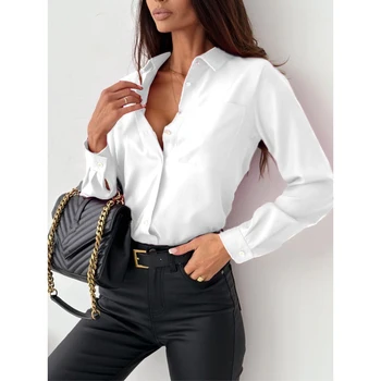 Елегантни твърди дамски блузи пролет есен случайни дълъг ръкав завой надолу яка тънки ризи офис дама еднореден върховете 2023