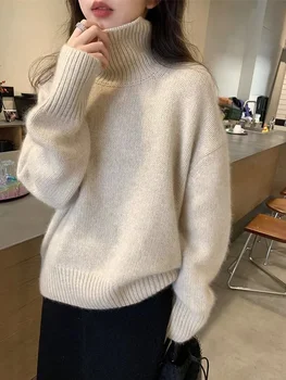 Есен Зима Нов кашмирен пуловер Дамско облекло 100% чиста вълна пуловер Loose голям размер сгъсти плета отгоре корейски