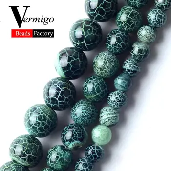Естествени минерални мъниста Зелени гладки напукани ивици Ахати Кръгли мъниста за изработка на бижута Каменни гривни 
