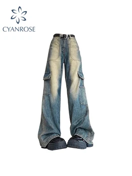 Жени 90-те години реколта карго дънки Y2k мода висока талия широк крак син дънков панталон Harajuku торбест Жан панталони 2000s гръндж дрехи