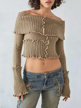 Жени Y2k Off рамо пуловери мода плета разрошени подгъва ризи случайни дълъг ръкав изрязване върховете улично облекло