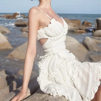 жени Y2K бяла мини рокля секси спагети каишка волан A-line рокля лятна реколта без гръб парти рокля