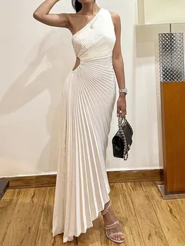 Жени елегантна дълга рокля лятна без ръкави с едно рамо плисирана неправилна рокля за коктейлно парти плажна рокля Y2K