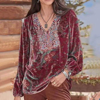 Жените кадифе дълъг ръкав ризи реколта бродерия цветен печат рокля блуза есен зима случайни roupas chemise camisas blusas
