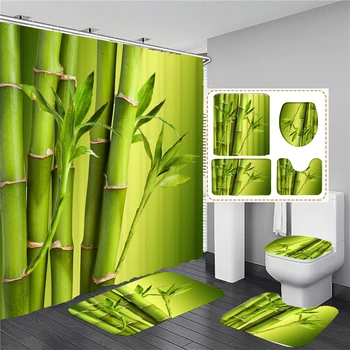 Зелен бамбук растение печат душ завеса комплект с килим против хлъзгане килим вана тоалетна екран водоустойчив баня декор с куки