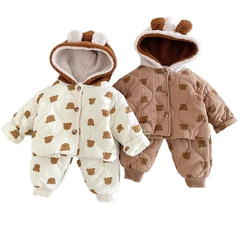 Зимни бебешки дрехи комплект карикатура мечка главата отпечатани качулка палто панталон за момчета момичета сгъсти малко дете бебе корейски облекло 0-5Y