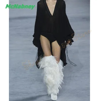 Зимни космати ботуши на висок ток за жени, мода заострени пръсти на шило над коляното ботуши плюс размер 2023 Ново Сапатос Пара Муджере