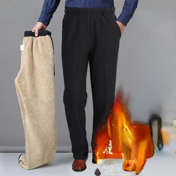 Зимни мъжки бизнес топли прави ежедневни панталони твърди участък бамбукови влакна плат сгъстяване руно панталони мъжки дрехи G01