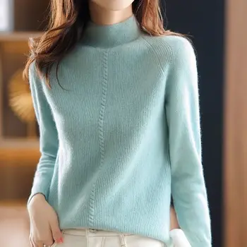 Зимни нови половин водолазка пуловер жените голям размер хлабав основен чист цвят диви трикотажни дъно риза меки участък D05