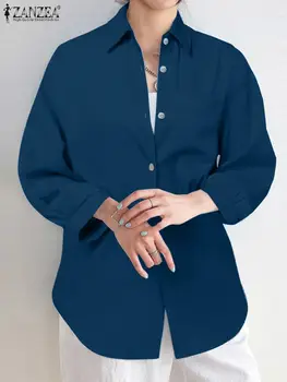 Извънгабаритни ZANZEA жени твърда риза 2023 есен бутер дълъг ръкав блуза корейски мода ревера върховете реколта бутони iOffice Blusas