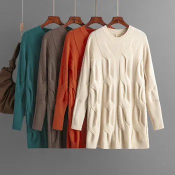 Извънгабаритни плетени меки пуловер жени пуловер 2023 есен зима нов хлабав случайни O врата усукан пуловер женски дълга база пуловер