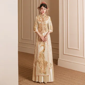 Китайски стил булката мъниста сватбена рокля Sparkly шампанско пайети Cheongsam елегантен реколта паун бродерия Qipao