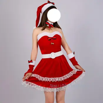 Коледа жени Корсет рокли шапки изпълнение Дядо Коледа костюм червено кадифе XMAS Нова година коледно парти косплей момиче фантазия рокля