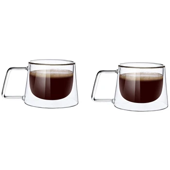 Комплект от 2 двойни стени чаша за кафе с дръжка, съдомиялна машина, безопасна и топлоустойчива за прозрачна чаша за топли напитки
