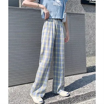 Корейски мода сиви карирани панталони жени извънгабаритни Harajuku Egirl основни сини широки панталони крак женски торбести джогинг панталони