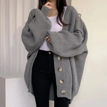 корейски мързелив плетена жилетка женски v-образно деколте еднореден хлабав фенер ръкав пуловер палто жени извънгабаритни пуловер