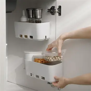 Кутия за съхранение Многофункционална издърпваща се съхранение без шев прибиращ се кухненски шкаф чекмедже рафт бял неперфориран
