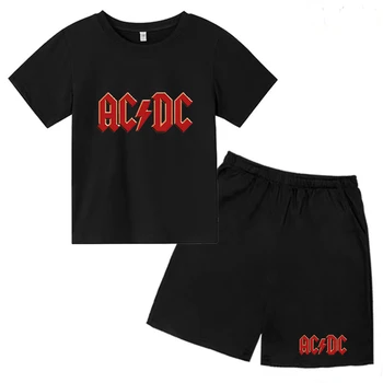Летни детски дрехи AC DC Тениски с кръгло деколте+ Къси панталони Комплекти Пригодност 2-12 години Момчета Момиче Ежедневни къс ръкав памучен печат