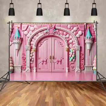 ЛУНА. QG фон розова принцеса 4-ти рожден ден фотозона фон замък рок стена арка врата Bowknot бонбони студио стрелба подпори