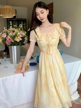Лятна жълта градиентна рокля Midi за жени Елегантни рокли за дама парти с къс ръкав A-line Френски Vestidos дантела нагоре шик Mujer
