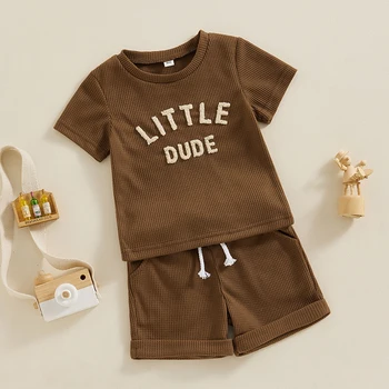 Малко дете бебе момче летни дрехи размита писмо вафла къс ръкав тениски върховете ластик шорти комплект облекло