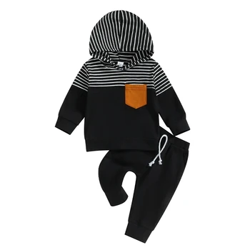 Малко дете бебе момче сива врана дрехи ивица печат качулка суитчър отгоре с дълги панталони сладък новородено есен зимни екипировки