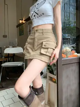Мини карго поли жени лято нова висока талия A-line секси каки пола гореща продажба Harajuku ретро джобове поли улично облекло