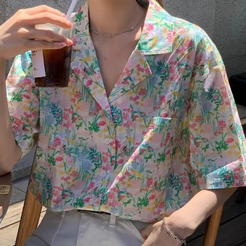 Мода Улично облекло Живопис с маслени бои Флорални жени риза реколта лято хлабав O врата случайни тийнейджъри дрехи японски блуза жени Y2K