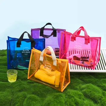 Модерен лято голям желе чанта жени горещо розово прозрачен винил плаж голяма пазарска чанта дами водоустойчив ясно Pvc голяма пазарска чанта