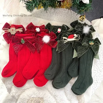 Модна тенденция Instagram Испански детски чорапи Искрящ лък вълна средата тръба ново бебе карикатура Коледни чорапи