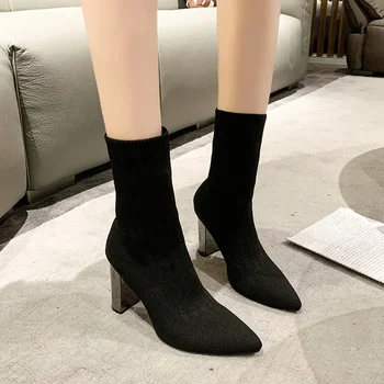 Модни заострени ботуши до глезена за жени 2023 Есен Зима Нова мрежеста дишаща Дамски чорап ботуши Черни елегантни обувки за обличане