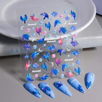 Морски животни златни рибки нокти стикери синьо лилаво черупки звезда риба 3D ваденки плаж вълна звезда нокти изкуство плъзгачи желе дизайн