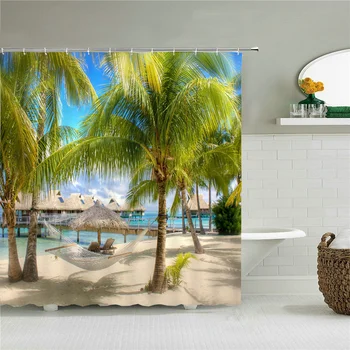 Морски плаж пейзаж Душ завеси Баня Водоустойчив екран за вана Вечерен залез Висококачествен домашен декор Завеса за душ